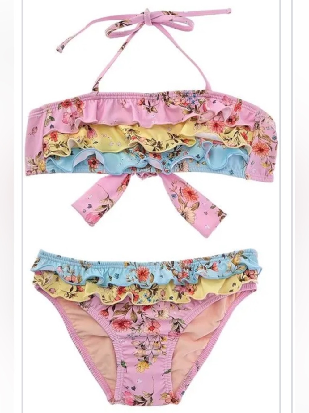 PQ Swim Pink Floral Ruffle Kids Bikini with Pastel Ruffles